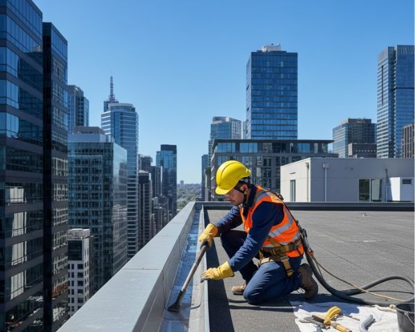 Professional technician performing gutter maintenance on commercial building rooftop in Melbourne