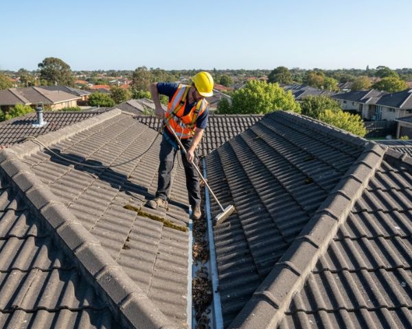 Professional technician performing gutter maintenance on commercial building rooftop in Melbourne