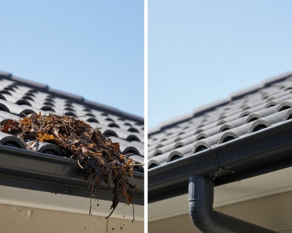 Professional technician performing gutter maintenance on residential home rooftop in Melbourne