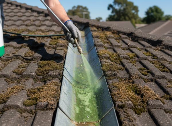 Safety-compliant commercial gutter cleaning with harness and elevated access equipment