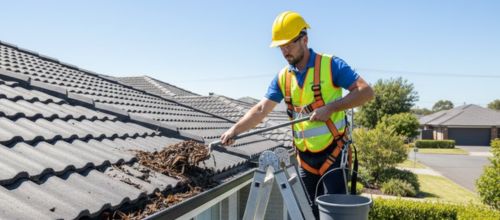Safety-compliant commercial gutter cleaning with harness and elevated access equipment