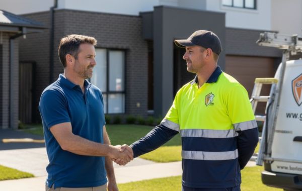 Professional gutter cleaning technician with safety equipment working on Melbourne roof